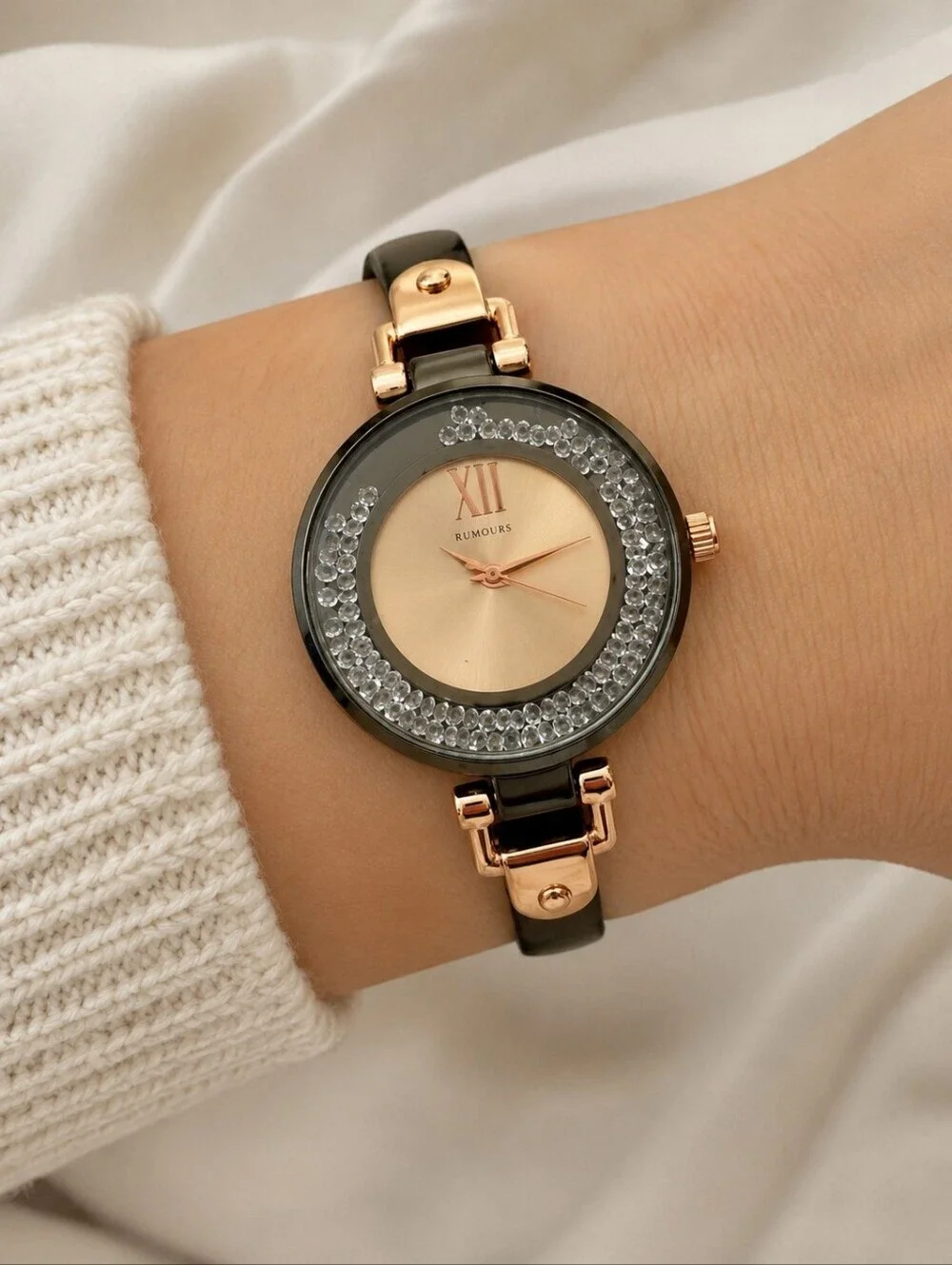 RUMOURS Gunmetal Rose Goldtone Floating Crystal Link Watch